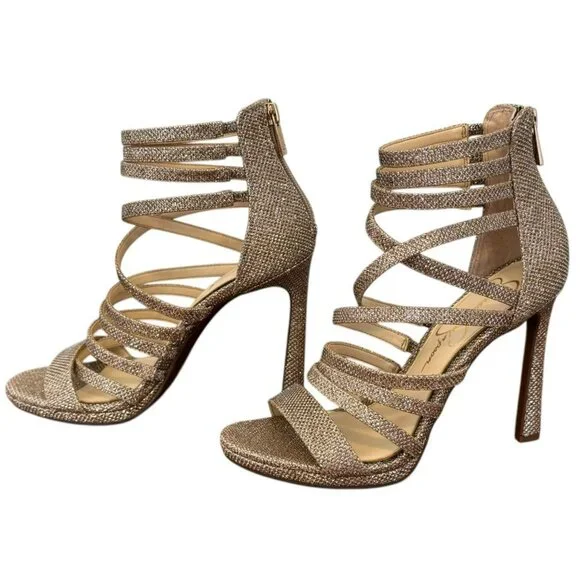 NWOT Jessica Simpson Palkaya Gold Glitter Strappy Stiletto Heel Sandals  4.25" - Picture 5 of 9